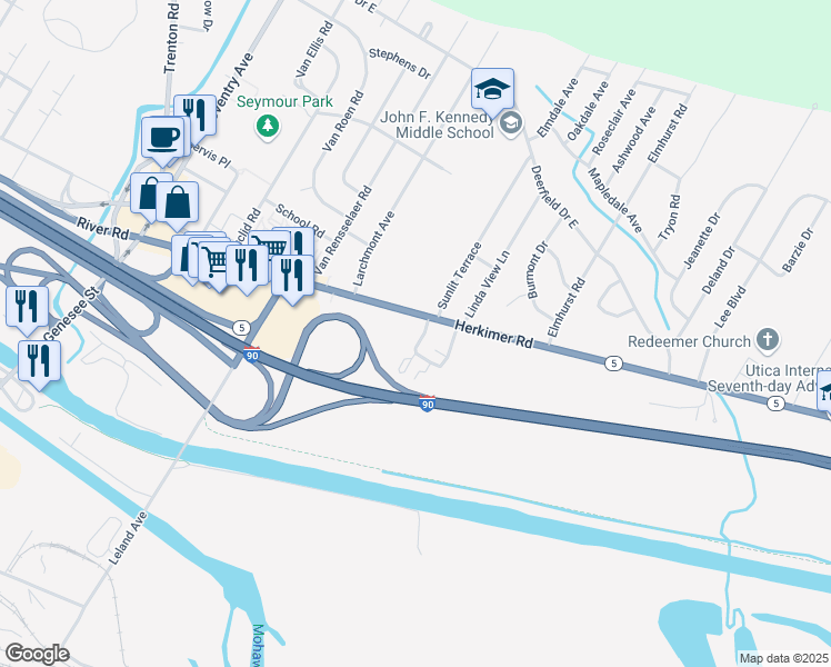 map of restaurants, bars, coffee shops, grocery stores, and more near 41 Candlewyck Lane in Utica