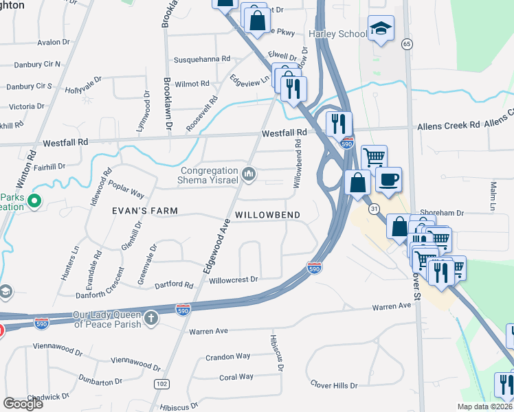 map of restaurants, bars, coffee shops, grocery stores, and more near 282 Willowbend Road in Rochester