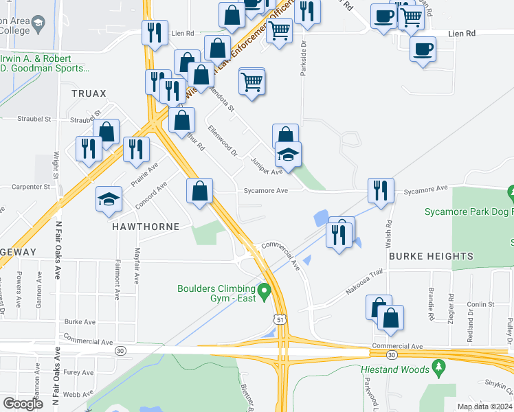 map of restaurants, bars, coffee shops, grocery stores, and more near 1121 Mac Arthur Road in Madison