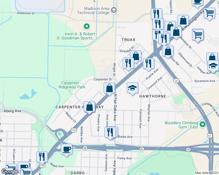 map of restaurants, bars, coffee shops, grocery stores, and more near in Madison