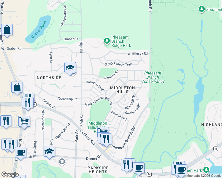 map of restaurants, bars, coffee shops, grocery stores, and more near 6839 Phil Lewis Way in Middleton