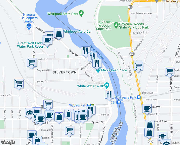 map of restaurants, bars, coffee shops, grocery stores, and more near 4276 Elgin Street in Niagara Falls