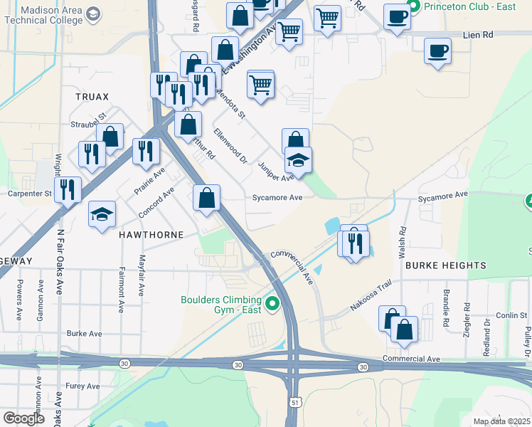 map of restaurants, bars, coffee shops, grocery stores, and more near 1203 MacArthur Road in Madison