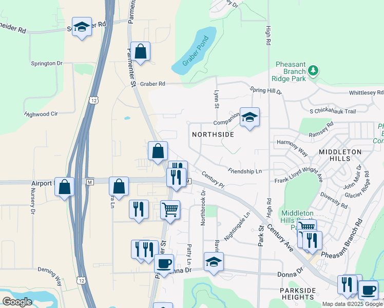 map of restaurants, bars, coffee shops, grocery stores, and more near 7405 Friendship Ln in Middleton