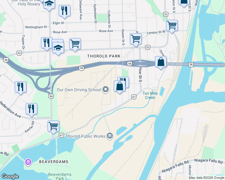 map of restaurants, bars, coffee shops, grocery stores, and more near 58 Palace Street in Thorold