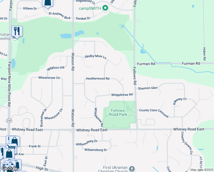 map of restaurants, bars, coffee shops, grocery stores, and more near 5 Dunham Cir in Fairport