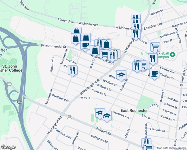 map of restaurants, bars, coffee shops, grocery stores, and more near 317 West Filbert Street in East Rochester
