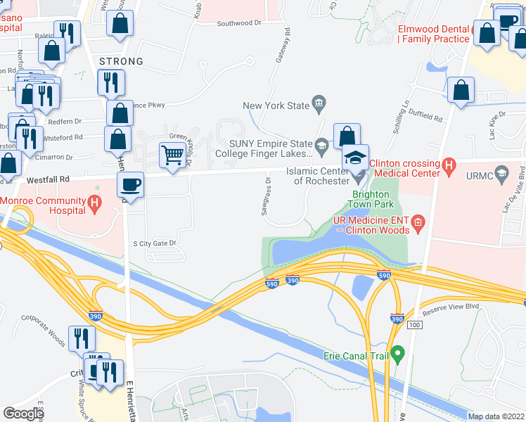 map of restaurants, bars, coffee shops, grocery stores, and more near 191 Sawgrass Drive in Brighton