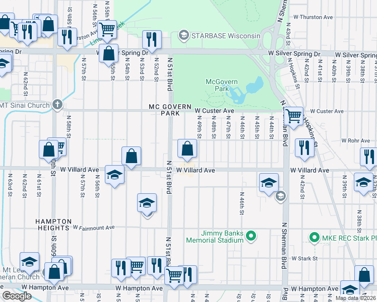 map of restaurants, bars, coffee shops, grocery stores, and more near 5242 North 50th Street in Milwaukee