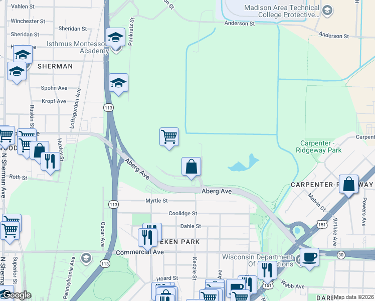 map of restaurants, bars, coffee shops, grocery stores, and more near 2602 Shopko Dr in Madison