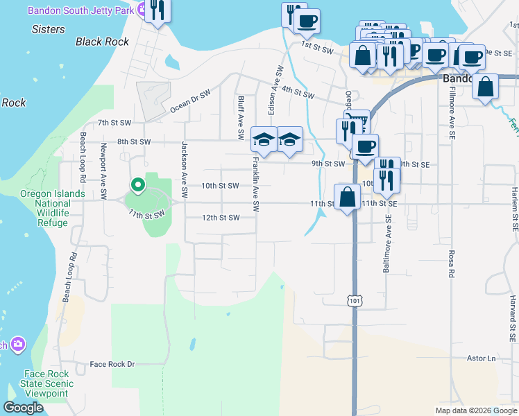 map of restaurants, bars, coffee shops, grocery stores, and more near 595 11th Street Southwest in Bandon