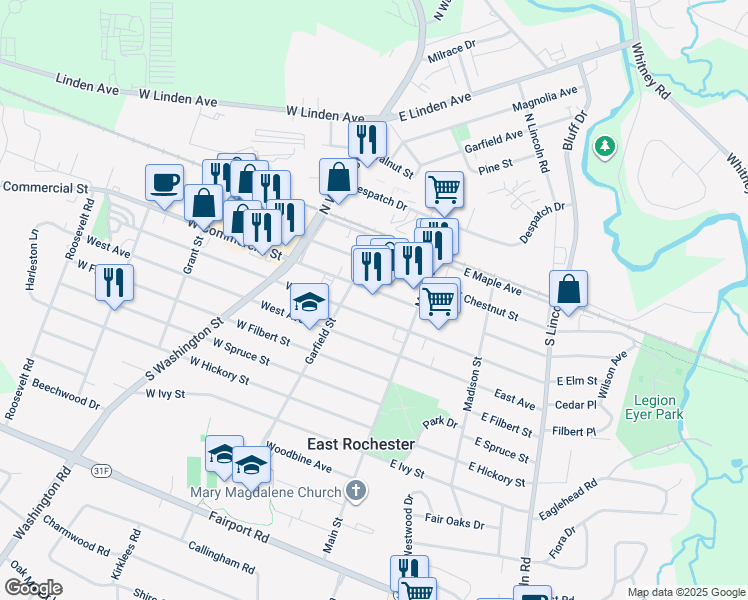 map of restaurants, bars, coffee shops, grocery stores, and more near 144 West Commercial Street in East Rochester