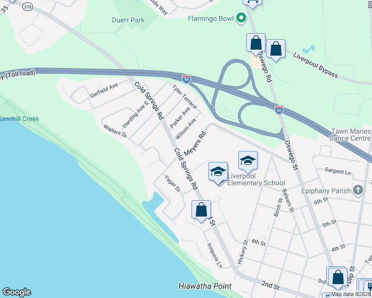 map of restaurants, bars, coffee shops, grocery stores, and more near 214 Meyers Road in Liverpool