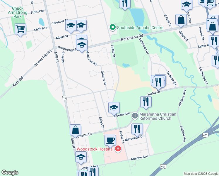 map of restaurants, bars, coffee shops, grocery stores, and more near 80 Prince Edward Road in Woodstock