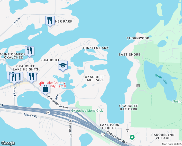 map of restaurants, bars, coffee shops, grocery stores, and more near N51W34318 Park Bay Road in Okauchee Lake