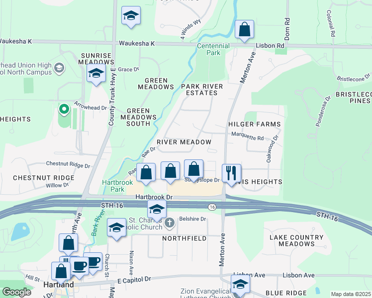 map of restaurants, bars, coffee shops, grocery stores, and more near 652 Greenway Terrace in Hartland