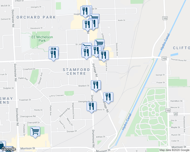 map of restaurants, bars, coffee shops, grocery stores, and more near 4151 Portage Road in Niagara Falls