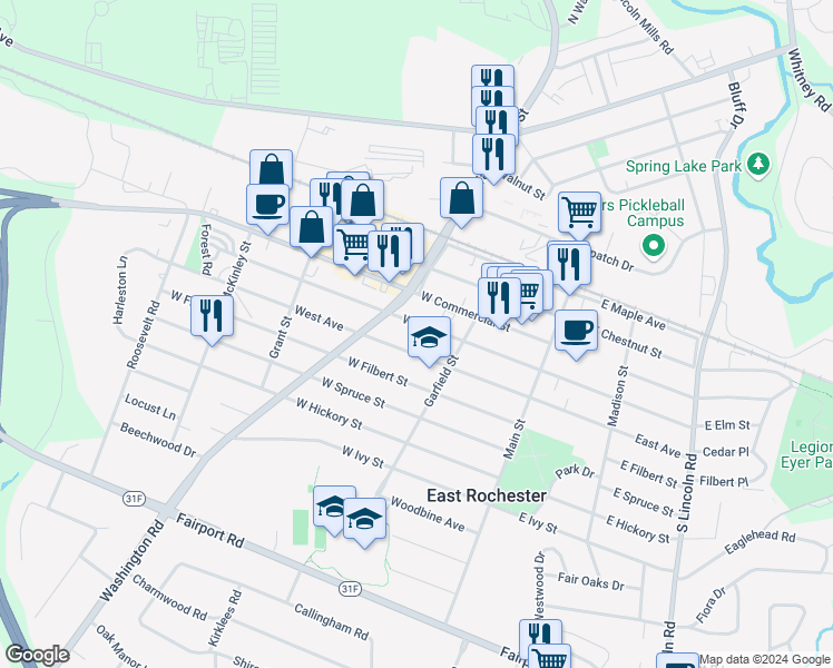 map of restaurants, bars, coffee shops, grocery stores, and more near 218 West Elm Street in East Rochester