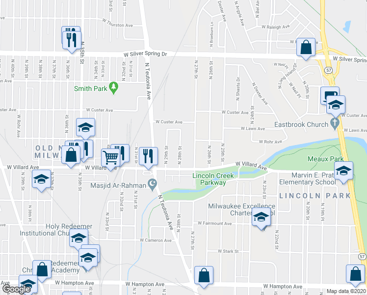 map of restaurants, bars, coffee shops, grocery stores, and more near 5249 North 28th Street in Milwaukee