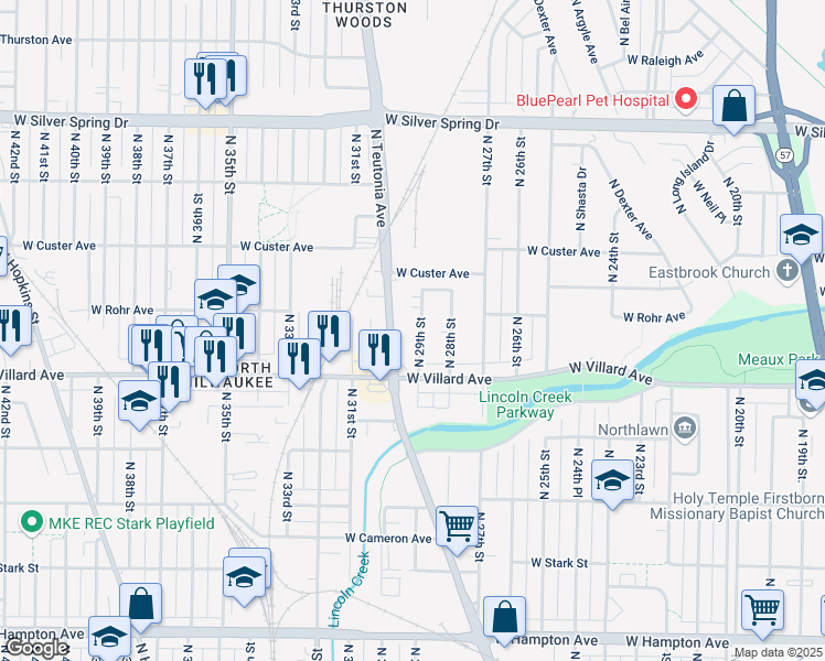 map of restaurants, bars, coffee shops, grocery stores, and more near 5252 North Teutonia Avenue in Milwaukee