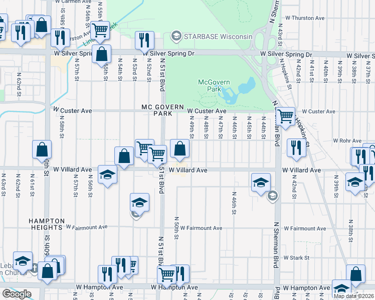 map of restaurants, bars, coffee shops, grocery stores, and more near 5244 North 49th Street in Milwaukee