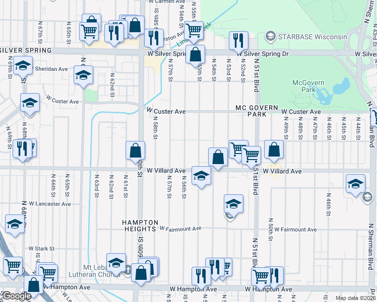 map of restaurants, bars, coffee shops, grocery stores, and more near 5245 North 56th Street in Milwaukee