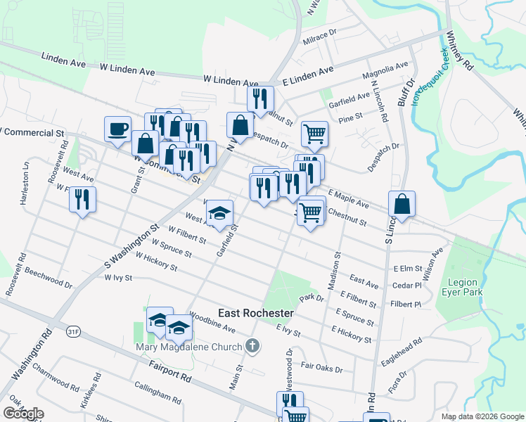 map of restaurants, bars, coffee shops, grocery stores, and more near 144 West Commercial Street in East Rochester