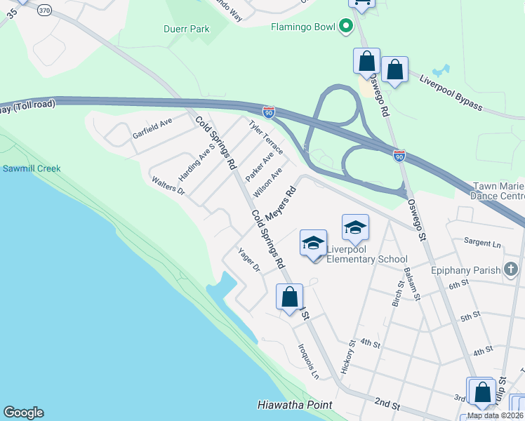 map of restaurants, bars, coffee shops, grocery stores, and more near 214 Meyers Road in Liverpool