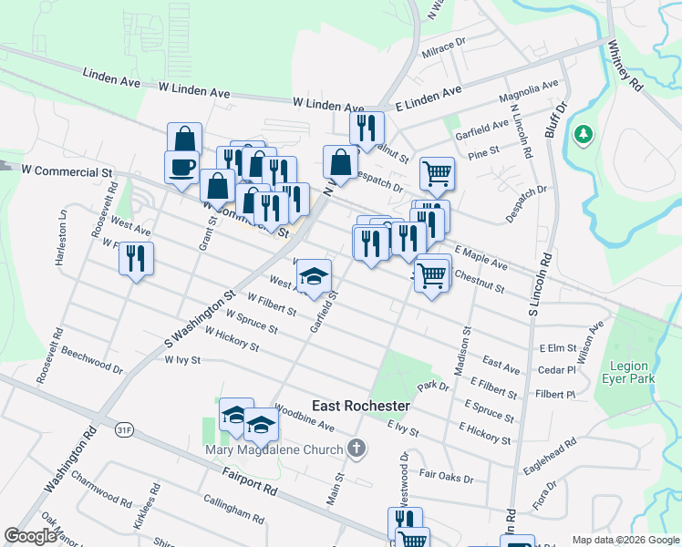 map of restaurants, bars, coffee shops, grocery stores, and more near 401 Garfield Street in East Rochester