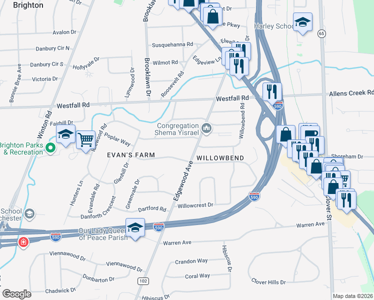 map of restaurants, bars, coffee shops, grocery stores, and more near 44 Southwood Lane in Rochester