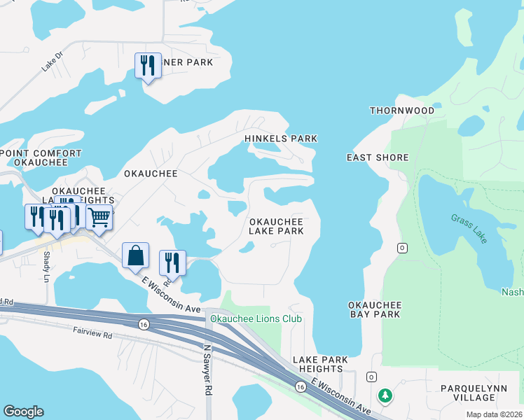 map of restaurants, bars, coffee shops, grocery stores, and more near N51W34318 Park Bay Road in Okauchee Lake