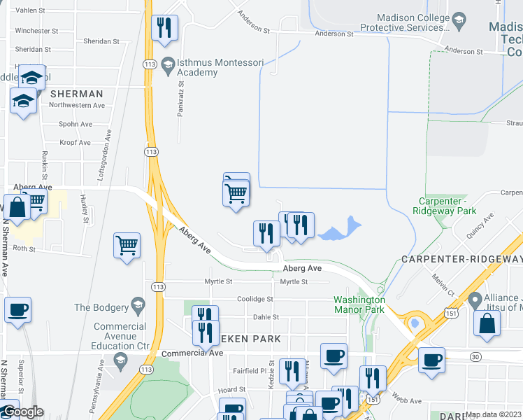 map of restaurants, bars, coffee shops, grocery stores, and more near 2602 Shopko Drive in Madison