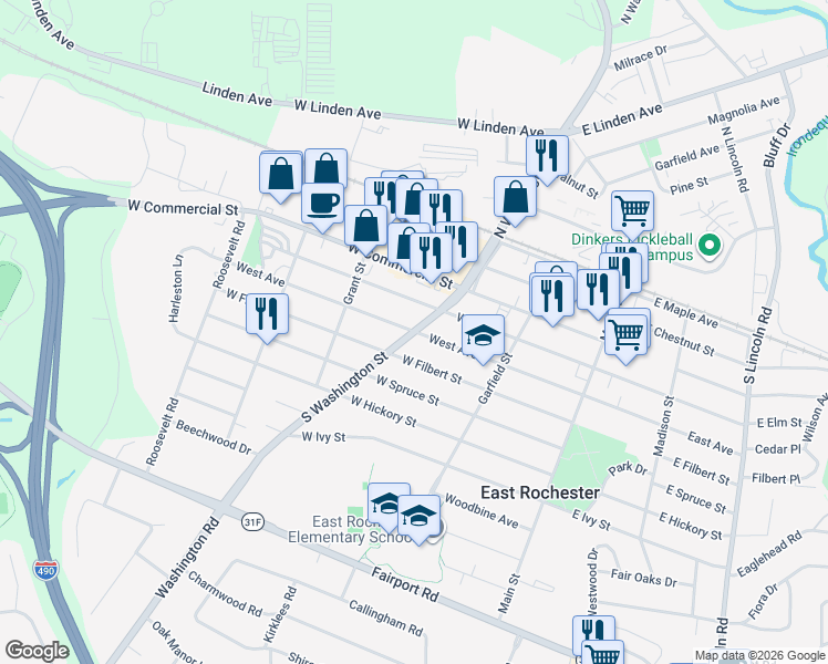 map of restaurants, bars, coffee shops, grocery stores, and more near South Washington Street & West Avenue in East Rochester