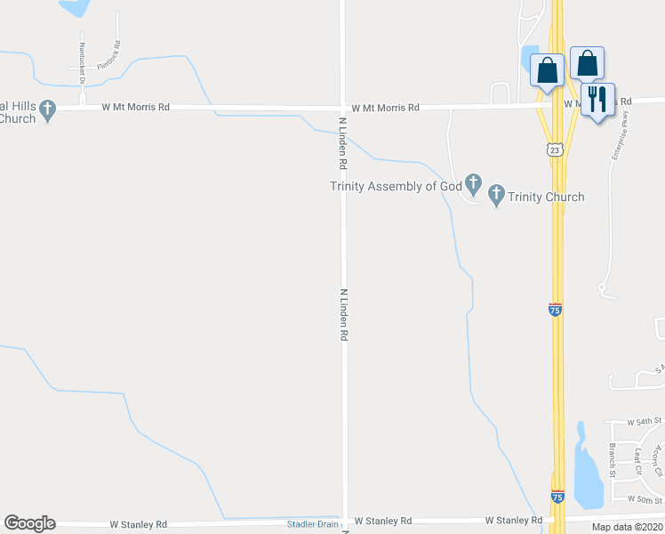 map of restaurants, bars, coffee shops, grocery stores, and more near 7325 North Linden Road in Mount Morris