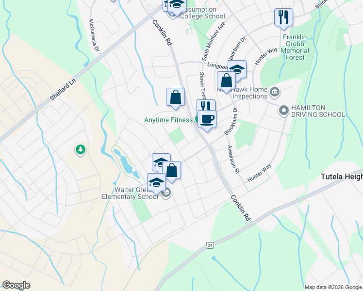 map of restaurants, bars, coffee shops, grocery stores, and more near 48 Warner Lane in Brantford
