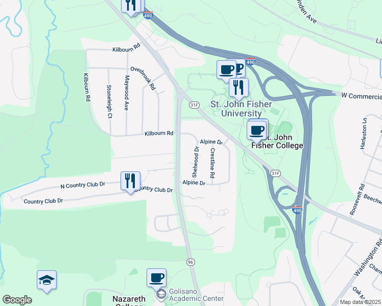 map of restaurants, bars, coffee shops, grocery stores, and more near 38 Shelwood Drive in Rochester