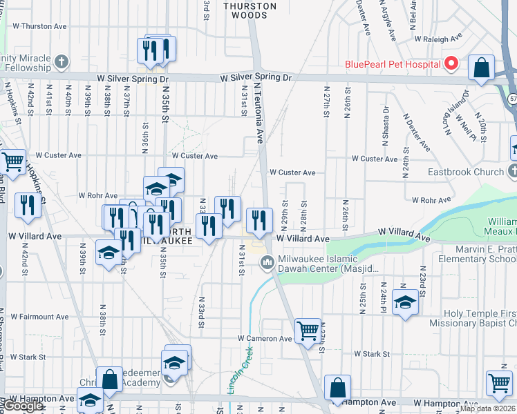 map of restaurants, bars, coffee shops, grocery stores, and more near 5250 North 31st Street in Milwaukee