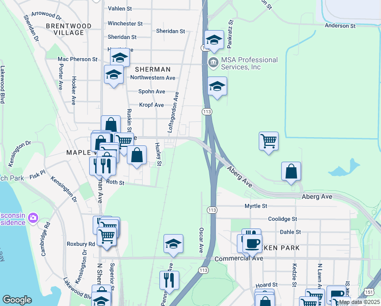 map of restaurants, bars, coffee shops, grocery stores, and more near Packers Avenue Srv Rd in Madison