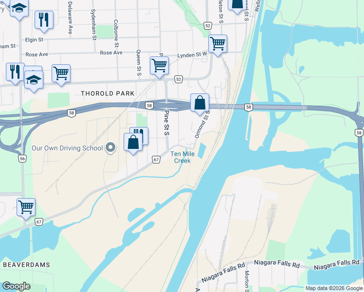 map of restaurants, bars, coffee shops, grocery stores, and more near 1434 Beaverdams Road in Thorold