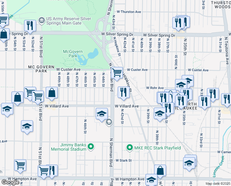map of restaurants, bars, coffee shops, grocery stores, and more near 5250 North Sherman Boulevard in Milwaukee
