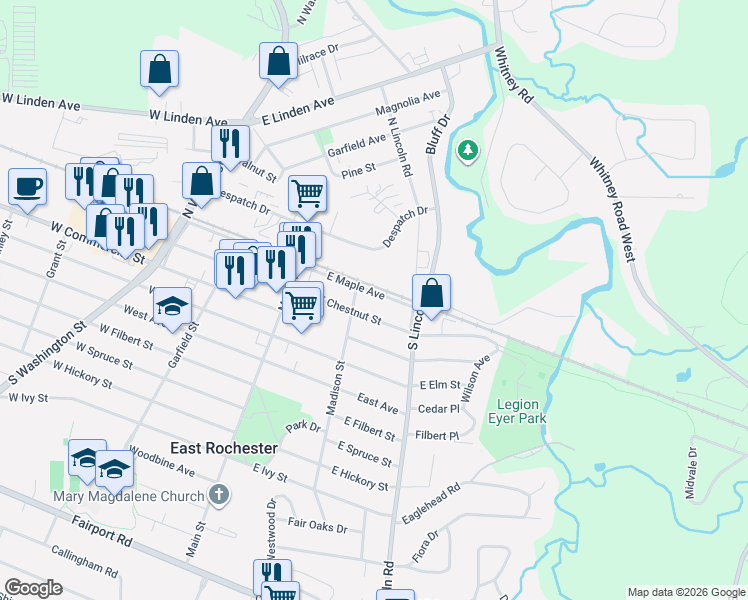 map of restaurants, bars, coffee shops, grocery stores, and more near 211 East Chestnut Street in East Rochester