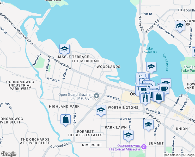 map of restaurants, bars, coffee shops, grocery stores, and more near 463 West Wisconsin Avenue in Oconomowoc