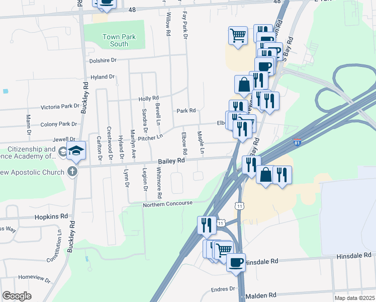 map of restaurants, bars, coffee shops, grocery stores, and more near 208 Bailey Road in Syracuse