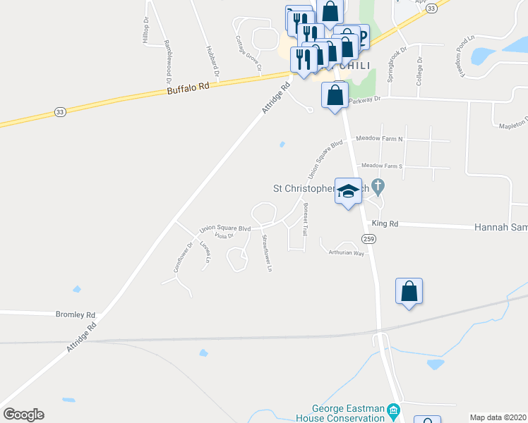 map of restaurants, bars, coffee shops, grocery stores, and more near 50 Union Square Boulevard in North Chili