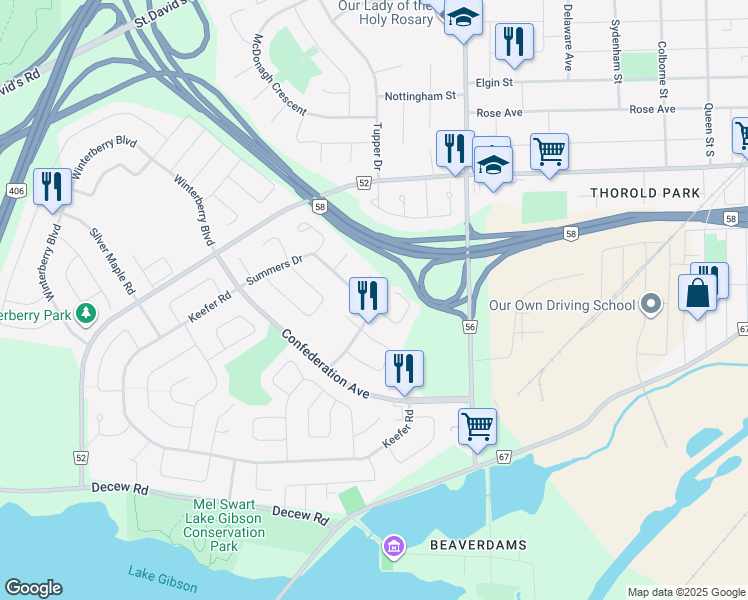 map of restaurants, bars, coffee shops, grocery stores, and more near in Thorold