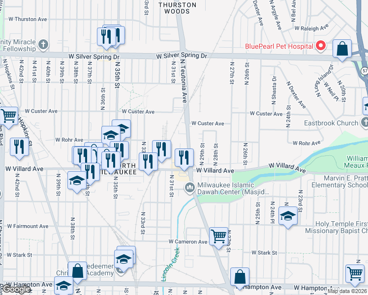 map of restaurants, bars, coffee shops, grocery stores, and more near 5250 North 31st Street in Milwaukee