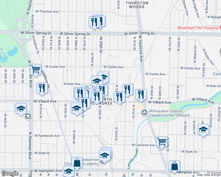 map of restaurants, bars, coffee shops, grocery stores, and more near 5247 North 34th Street in Milwaukee