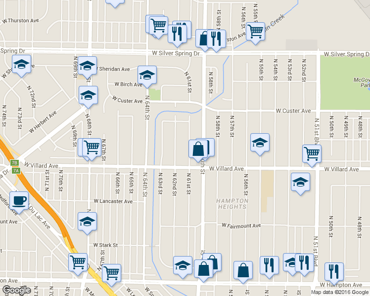 map of restaurants, bars, coffee shops, grocery stores, and more near 5240 North 62nd Street in Milwaukee