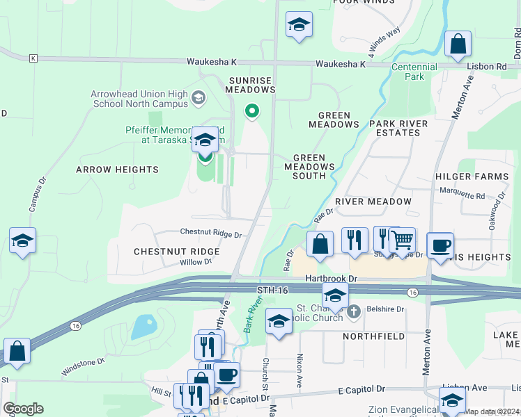 map of restaurants, bars, coffee shops, grocery stores, and more near 700 North Avenue in Hartland