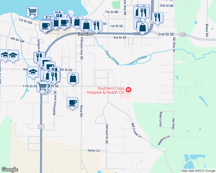 map of restaurants, bars, coffee shops, grocery stores, and more near 799 11th Street Southeast in Bandon